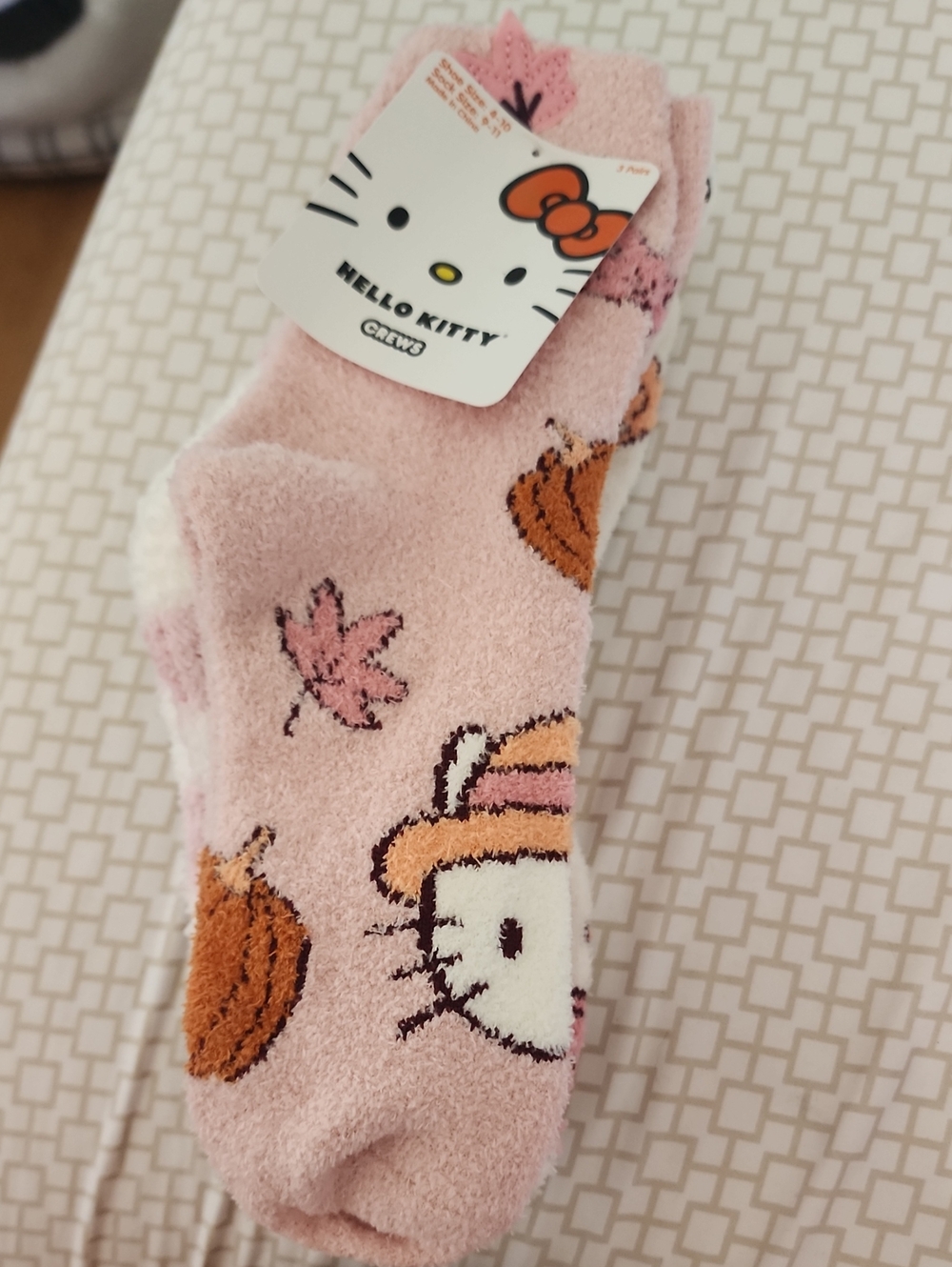 Hello Kitty Pink Fuzzy Socks with Pumpkin & Leaf Accents